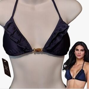 NWT Kardashian Kollection Midnight Blue Ruffle Bikini Top Size Medium